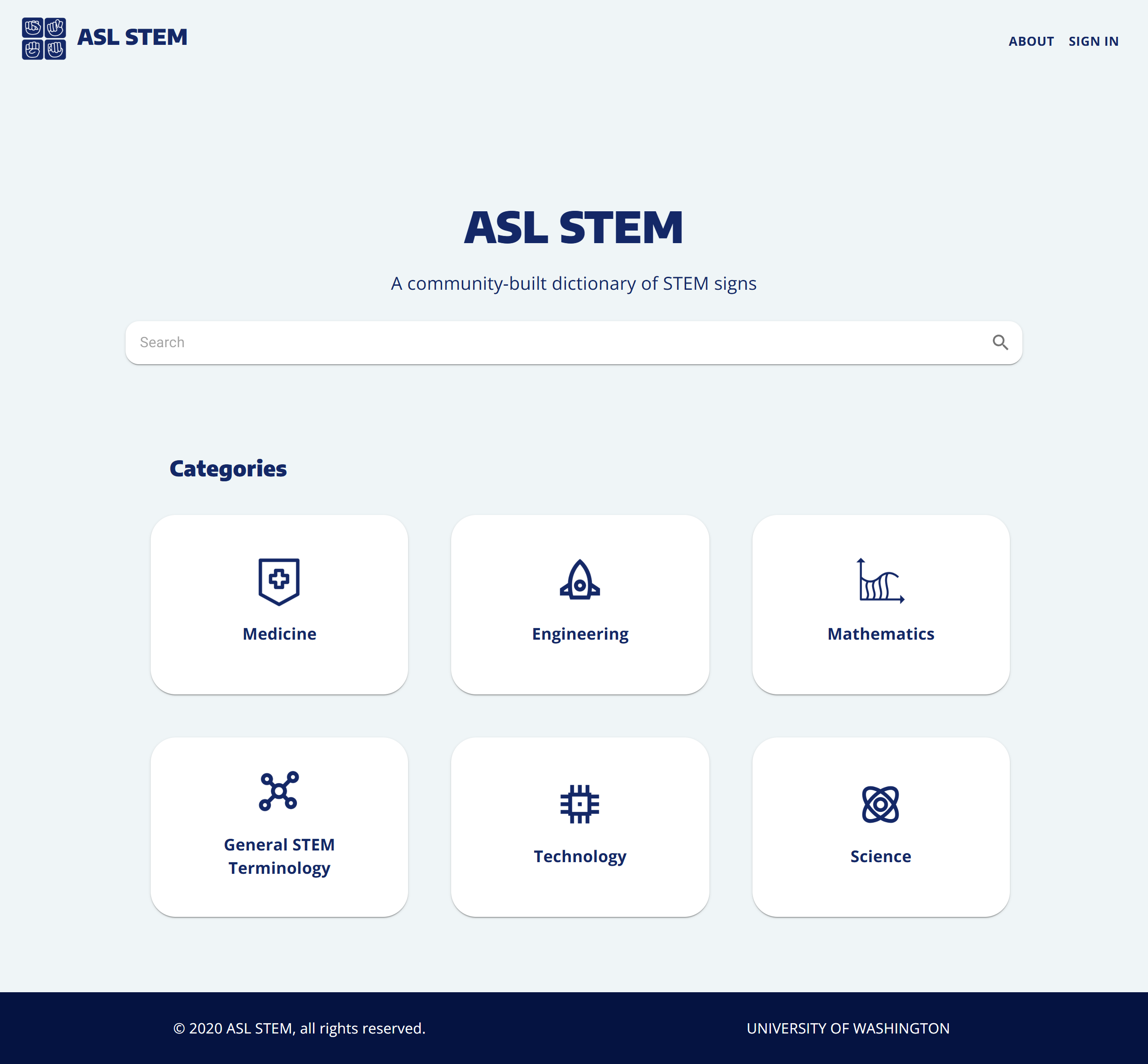 ASL-STEM homepage with search and six STEM subject categories