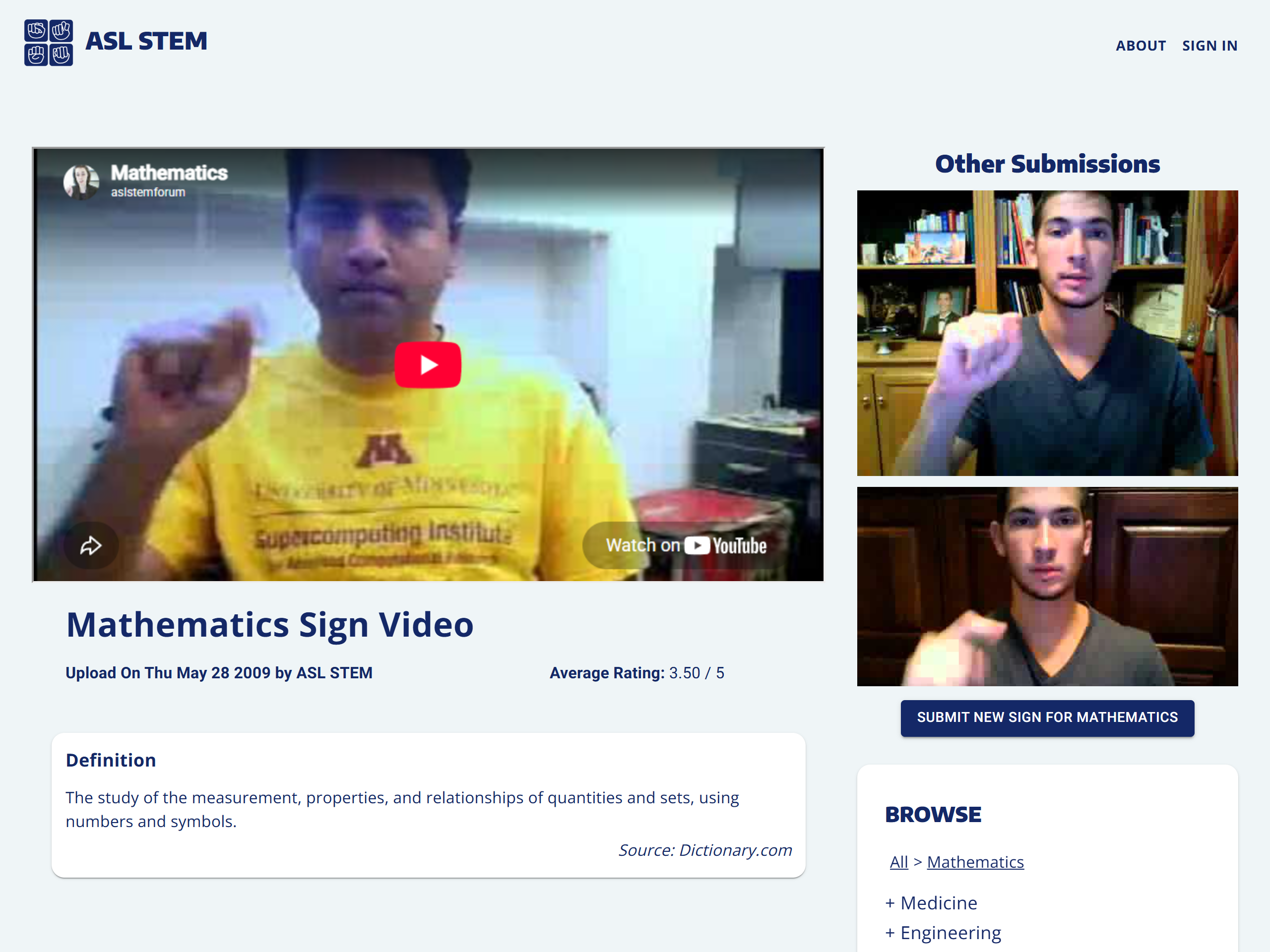 Mathematics sign page showing an ASL video, alternative submissions, and the term’s definition