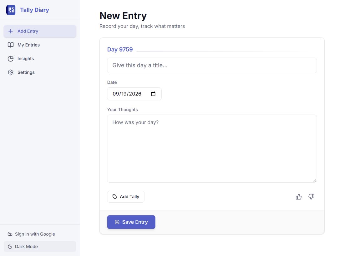 Tally Diary’s desktop entry editor with title, date, thoughts, and tally controls